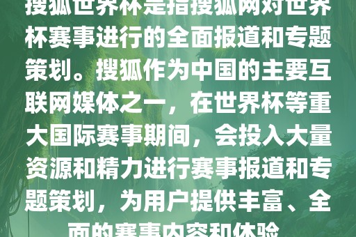 搜狐世界杯是指搜狐网对世界杯赛事进行的全面报道和专题策划。搜狐作为中国的主要互联网媒体之一，在世界杯等重大国际赛事期间，会投入大量资源和精力进行赛事报道和专题策划，为用户提供丰富、全面的赛事内容和体验。