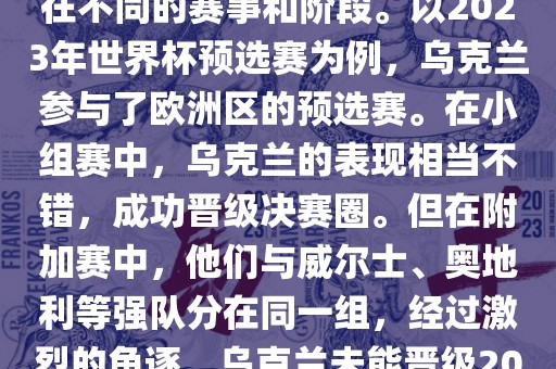 关于乌克兰的世界杯预选赛，存在不同的赛事和阶段。以2023年世界杯预选赛为例，乌克兰参与了欧洲区的预选赛。在小组赛中，乌克兰的表现相当不错，成功晋级决赛圈。但在附加赛中，他们与威尔士、奥沧州禾苗留学中介服务有限公司地利等强队分在同一组，经过激烈的角逐，乌克兰未能晋级2023年世界杯决赛圈。