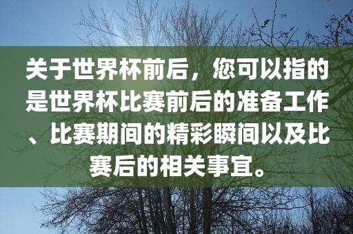 关于世界杯前后，您可以指的是世界杯比赛前后的准备工作、比赛期间的精彩瞬间以及比赛后的相关事宜。沧州禾苗留学中介服务有限公司