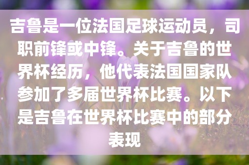 吉鲁是一位法国足球运动员，司职前锋或中锋。关于吉鲁的世界杯经历，他代表法国国家队参加了多届世界杯比赛。以下是吉鲁在世界杯比赛中的部分表现