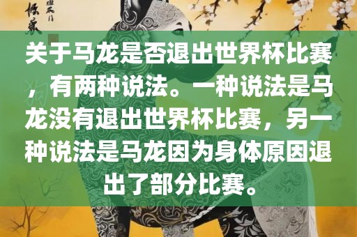 关于马龙是否退出世界杯比赛，有两种说法。一种说法是马龙没有退出世界杯比赛，另一种说法是马龙因为身体原因退出了部分比赛。沧州禾苗留学中介服务有限公司
