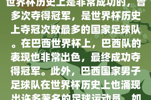 巴西世界杯的代表队伍是巴西国家男子足球队。这支队伍在世界杯历史上是非常成功的，曾多次夺得冠军，是世界杯历史上夺冠次数最多的国家足球队。在巴西世界杯上，巴西队的表现也非常出色，最终成功夺得冠军。此外，巴西国家男子足球队在世界杯历史上也涌现出许多著名的足球运动员，如内马尔、罗纳尔迪尼奥、罗纳尔多等。